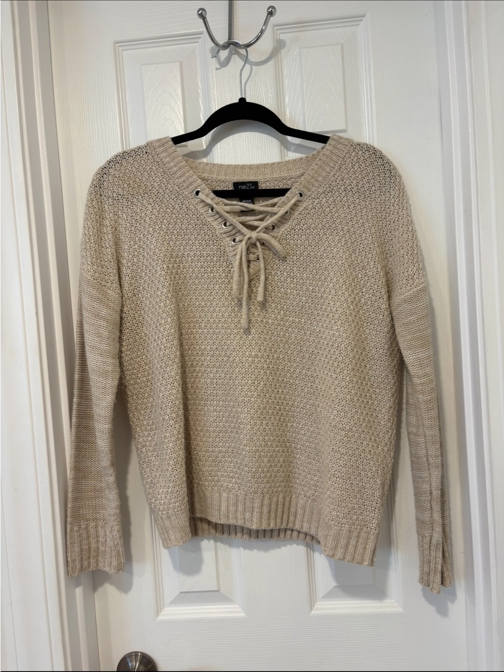 Rue21 Cream Lace-Up V-Neck Knit Sweater